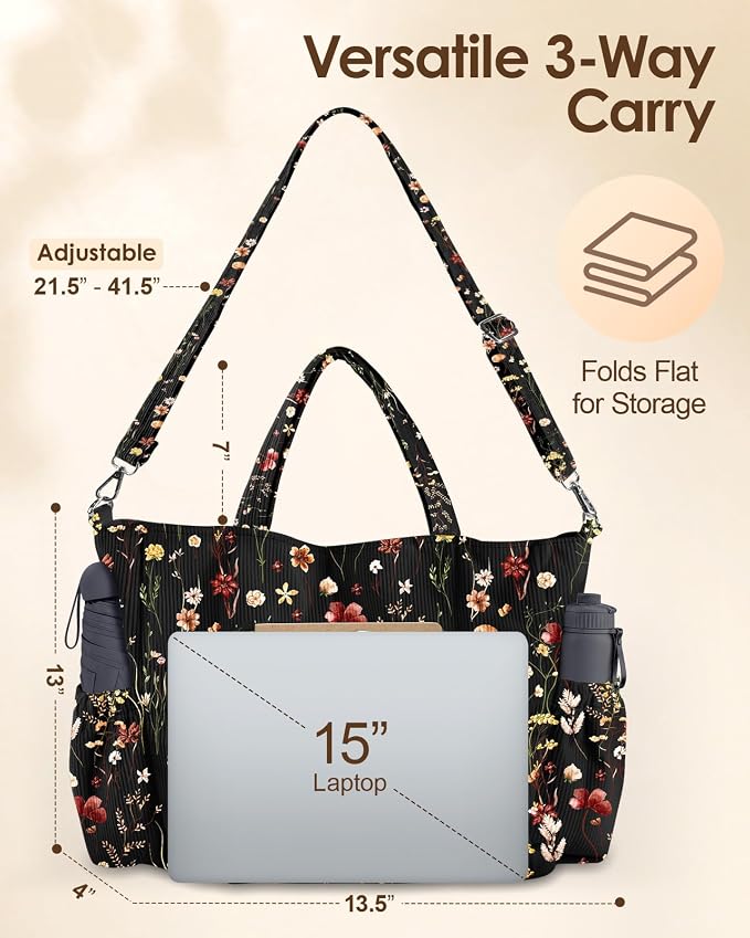 Miss Adola Corduroy Crossbody Tote Bag for Women | Multi Pocket Storage, Zipper Closure, Adjustable Strap, Fits 14 Inch Laptop, Foldable Reusable, for Work Travel Everyday - Image 6