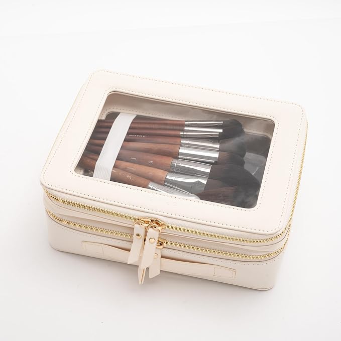 Aveniee Clear Makeup Bags, Double Layer Cosmetic Case with Separate Brush Compartment, Large Toiletry Organizer for Women, Travel Accessories Holder(2 Layers Large, White) - Image 8