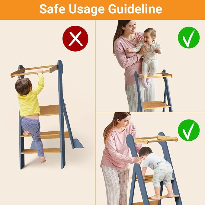 COSYLAND Foldable Toddler Kitchen Stool Helper - Height Adjustable Standing Tower for Bathroom Sink or Kitchen Counter - Step Stool for Toddlers Ages 18 Months to 6 Years Gray & Natural - Image 9