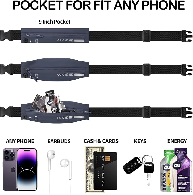 USHAKE Slim Running Belt for Women Men-Runners Phone Holder Fanny Pack, Adjustable, Bounce Free Waist Pouch bag for Workout, Money Belt, Run Gear Accessories Dark Grey - Image 3