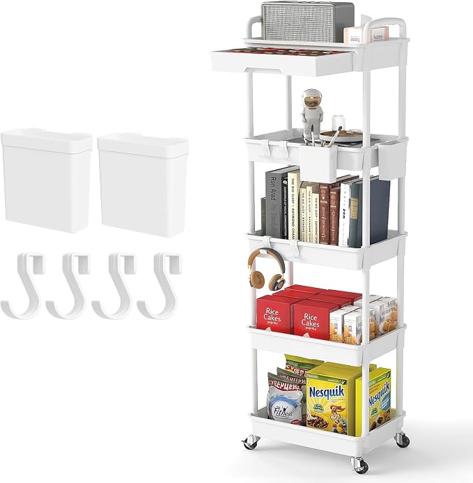 5 Tier Rolling Utility Cart with Drawer,REBECAT Utility Cart Made of Multifunctional Storage Organizer Tool for Kitchen,Bathroom,Living Room,Office(White) by REBECAT