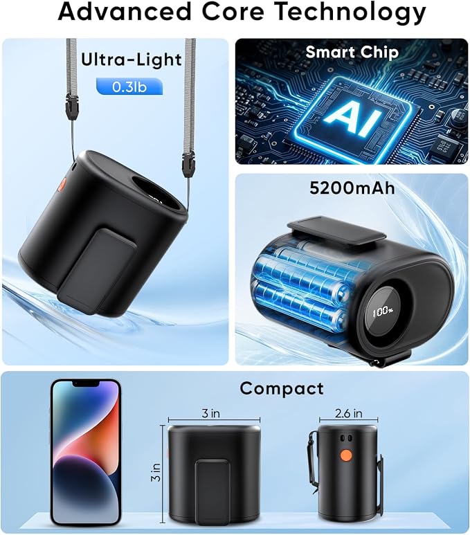 AI Portable Waist Fan, 6-Speed 15,000RPM Strong Turbo Airflow, 30H Cooling Battery Powered Personal Fan Rechargeable, Wearable Hands-Free Shirt/Belt/Body Fan for Travel, Work, Outdoor, Gift for Men - Image 6