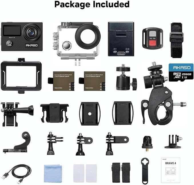 AKASO Brave 4 Action Camera 4K30fps with 256GB MicroSD U3 Card Bundle | 20MP EIS WiFi 170° FOV 5X Zoom Waterproof Underwater Camera for Snorkel, Travel, Bicycle, Helmet, Motorcycle Accessories Kit - Image 9