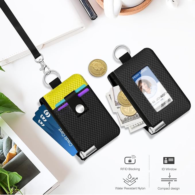 Minimalist RFID Blocking Small Wallet with ID Window,WaterResistant Zip Id Case Wallet with Lanyard Keychain for Cards,Cash,Travel,Women,Men (Black/Lemon Yellow) - Image 8