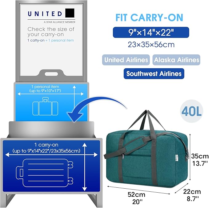 For United Airlines Foldable Carry on Bag 22x14x9 Travel Duffel Bag Packable luggage Duffle for Women and Men 40L (Teal) - Image 2