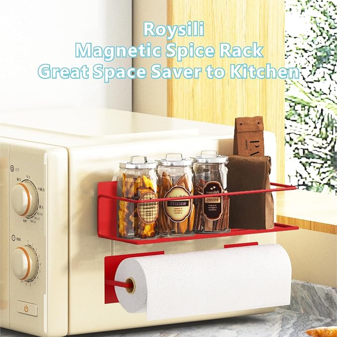 Magnetic Spice Rack For Refrigerator, Space Saving Magnetic Shelf For Fridge Red 2 Pack With Magnetic Paper Towel Holder - Image 5