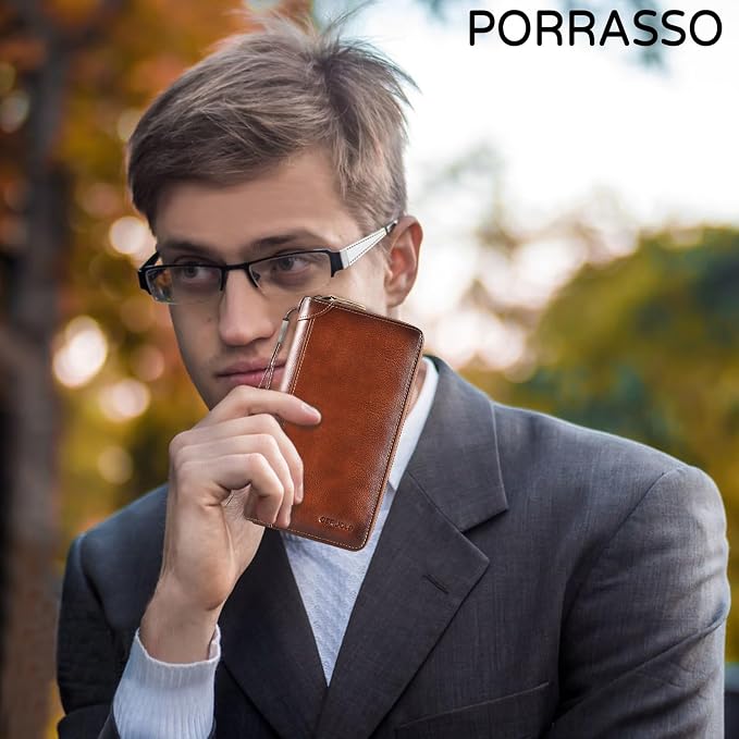 Card Bag Cowhide Wallet Men Coin Purse RFID Blocking Card Case Portable Card Holder Coin Bag Pouch with 12/20/30/45 Card Slots Brown D - Image 2