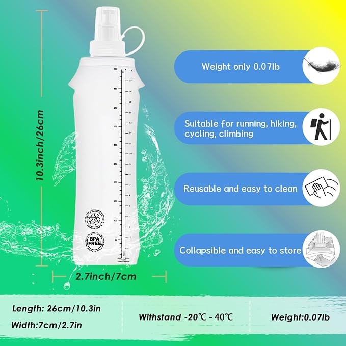 Flexible Running Bottles - Two Pack: 500ml/17oz, Foldable, BPA/PVC Free Soft Flask for Hydration Vests and Running Packs, Collapsible Leak-proof Pocket Bottle for Jogging, Hiking, Cycling, Climbing - Image 3