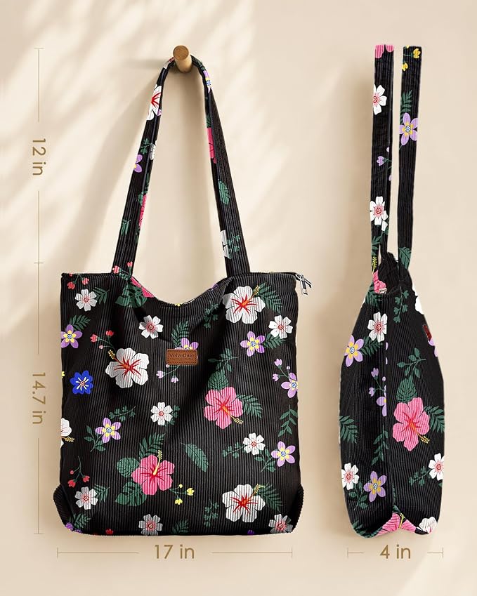 Aesthetic Corduroy Tote Bag with Zipper for Women | Reusable, Fits 14 Inch Laptop, Inner Pocket, double-sided print, Lightweight - Image 5