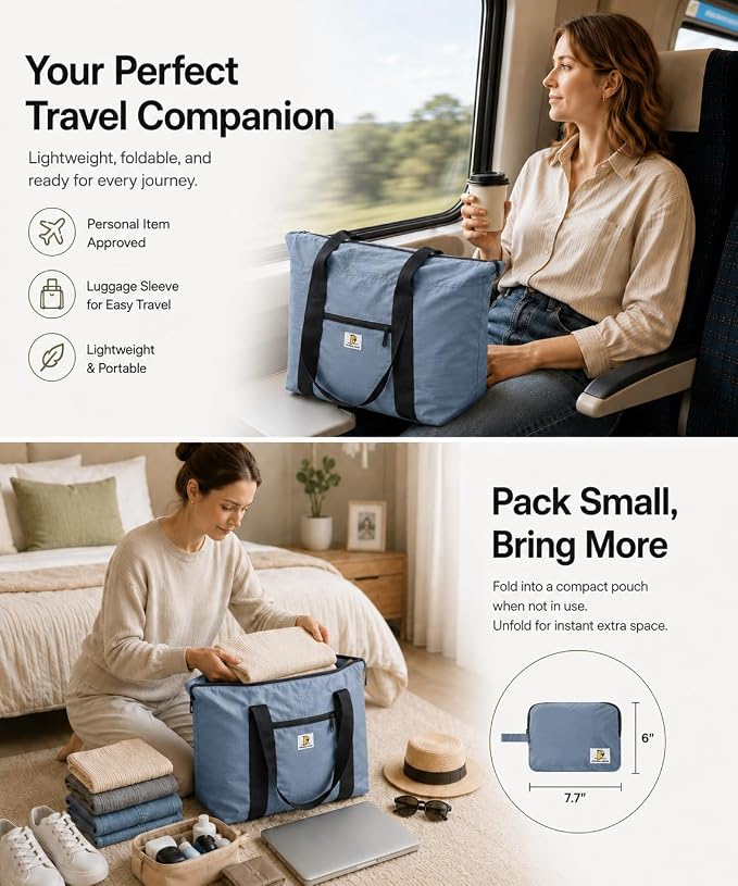 Foldable Travel Bag, 26L Lightweight Weekender Duffel, Expandable Second Carry-On Bag for Travel & Shopping, Water-Resistant Personal Item Bag, Mist Blue - Image 6