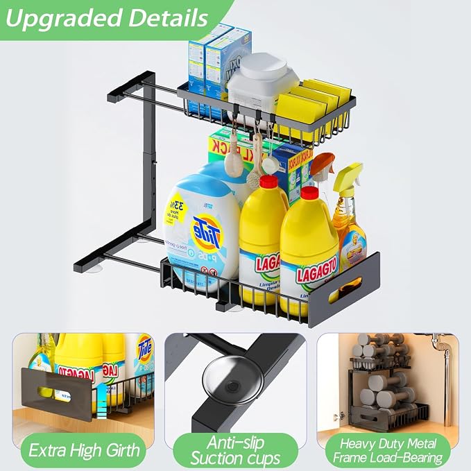 Adoymiro Under Sink Organizer, Adjustable Shelves, 2 Pack Pull Out Cabinet Organizer Slide Out Sink Shelf Cabinet Storage Shelves, Under Sink Storage for Kitchen Bathroom Cabinet - Image 4