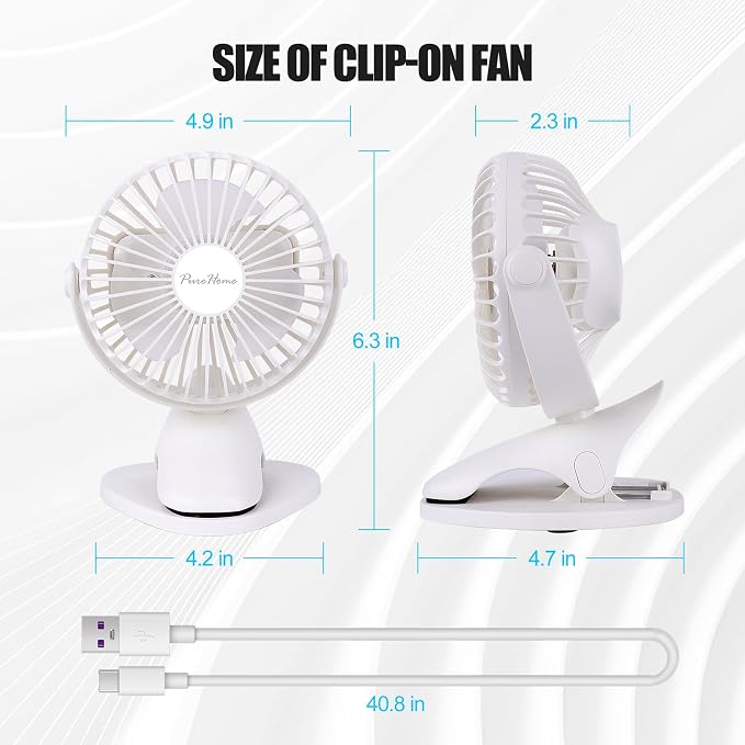 Portable Clip Fan Battery Operated,3 Speeds USB Rechargeable Mini Table Fan with Strong Airflow,360°Rotation Ultra Quiet Personal Desk Fan for Home Office Bedroom Dorm Stroller Camping(White) - Image 2