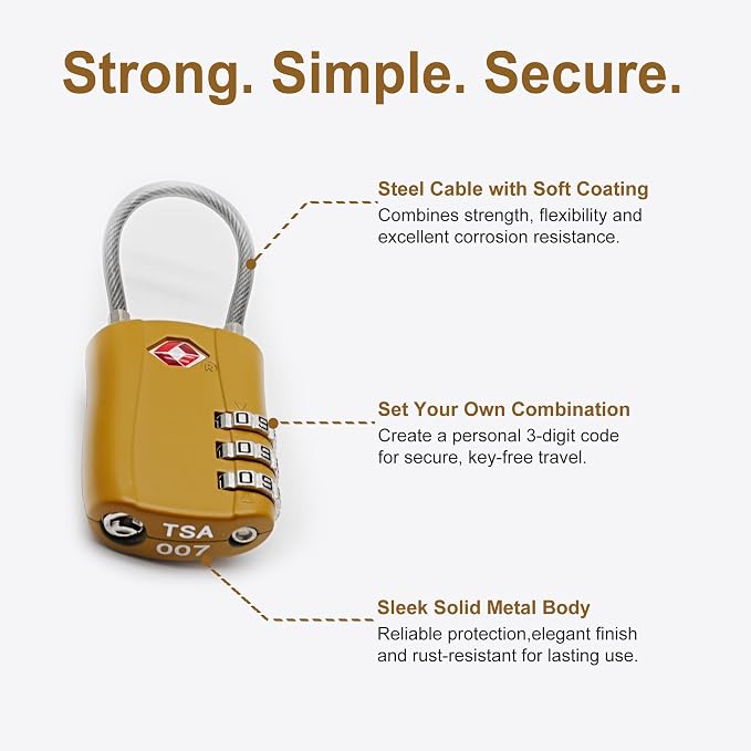 TSA Locks for Luggage, Small Padlock Combination with Cable, Luggage Locks TSA Approved, Combo Padlock with Code, for Travel Suitcase, Gym Locker, Gun Case, Backpack Zipper (Black+Golden) - Image 4