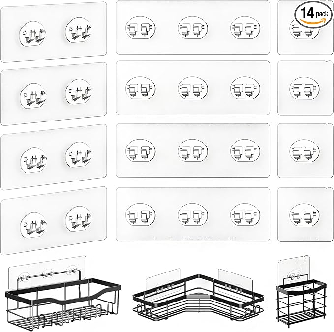 14 Pack Shower Caddy Adhesive Replacement, Strong Adhesive Hooks for Shower Caddy, Shower Shelf Adhesive No Drilling, for Bathroom Storage Shelves and Kitchen Racks & Soap Holder by HAOBAOBEI