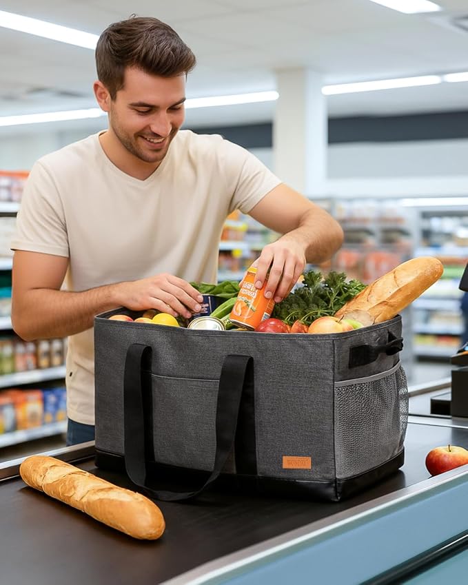 WONDAY X-Large Utility Tote Bag, Standing Reusable Grocery Bag | 22x11x13.5in, 50L capacity, holds 100lbs, collapsible, fabric with leather bottom, for beach travel storage - Image 3