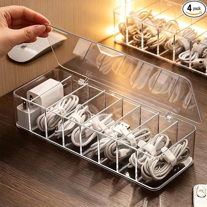 4Pcs cord organizer box with Lid, 10.2 x 3.5 x 2.2in, Desktop Cord Organizer with Compartments (4) by Moritic