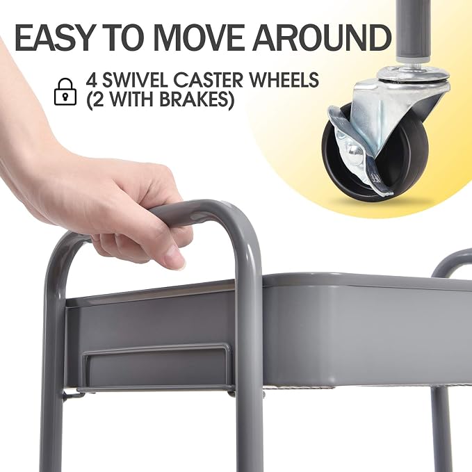 TOOLF 3 Tier Metal Rolling Cart, Utility Storage Cart with Wheels, Grey | Screwless Assembly, Lockable Metal Wheels, Trolley Organizer for Bathroom, Kitchen, Office, Dorm, Laundry, Craft Room - Image 4