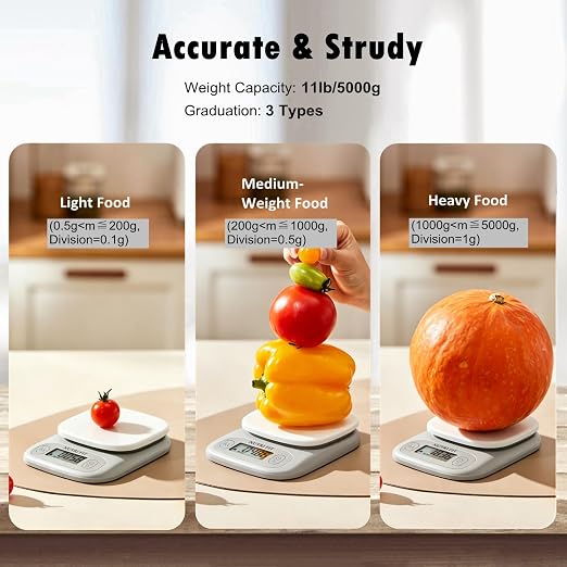 Small Food Scale Digital Kitchen Scales Weight Grams Ounces White | 3-Stage Precision, Max 11lbs, Portable Compact Design, Accurate for Cooking Baking Jewelry Coffee Postage, 2 AAA Batteries - Image 2