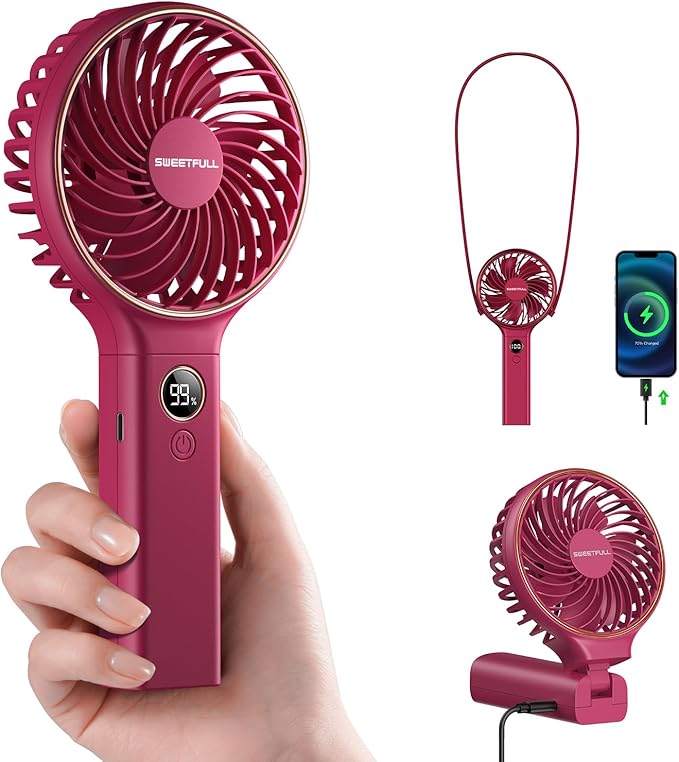 SWEETFULL Handheld Portable Fan, 5000mAh Rechargeable Battery, 6 Speed Wind, LED Digital Display, Foldable Electric Personal Mini Travel Fan with Backup Power, Summer Essentials Gifts for Women Girl by SWEETFULL
