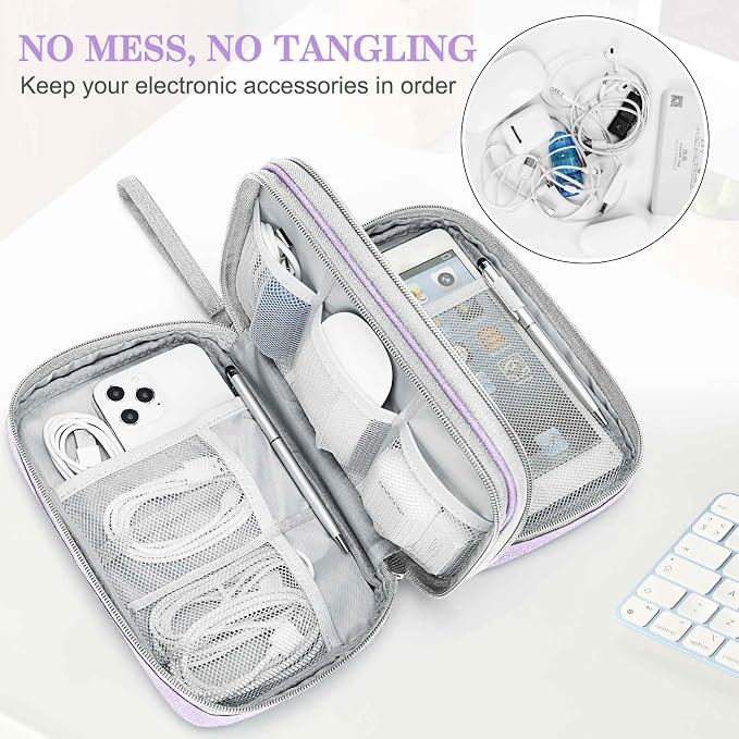 FYY Electronic Organizer, Travel Tech Pouch Bag, Large, Light Purple | Wrist Strap, Waterproof, Double Layers Portable Electronics Travel Carrying Case for Cord, Charger, Daily Business Trips Use - Image 5