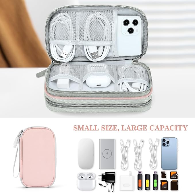 FYY Electronic Organizer, Travel Tech Pouch Bag, Cable Organizer Light Pink | Wrist Strap, Waterproof, Double Layers Portable Electronics Travel Carrying Case for Cord, Charger, Daily Business Trips Use - Image 6
