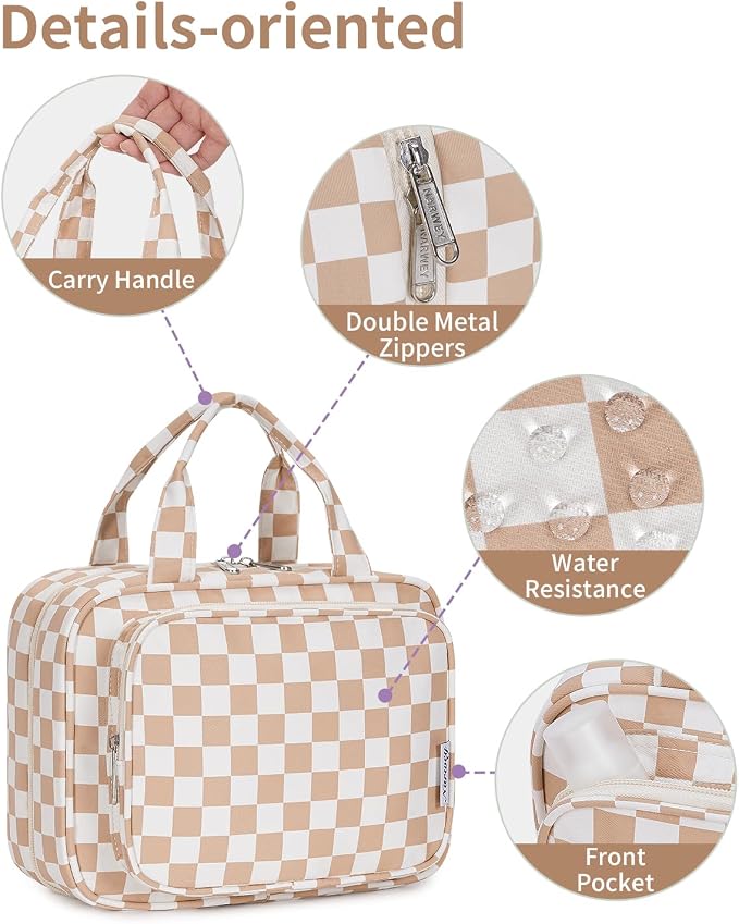 Narwey Travel Toiletry Bag for Women Large Hanging Makeup Bag Organizer Toiletries Bag for Full Size Essentials Accessories Cosmetics (Light Checkerboard (Large)) - Image 8