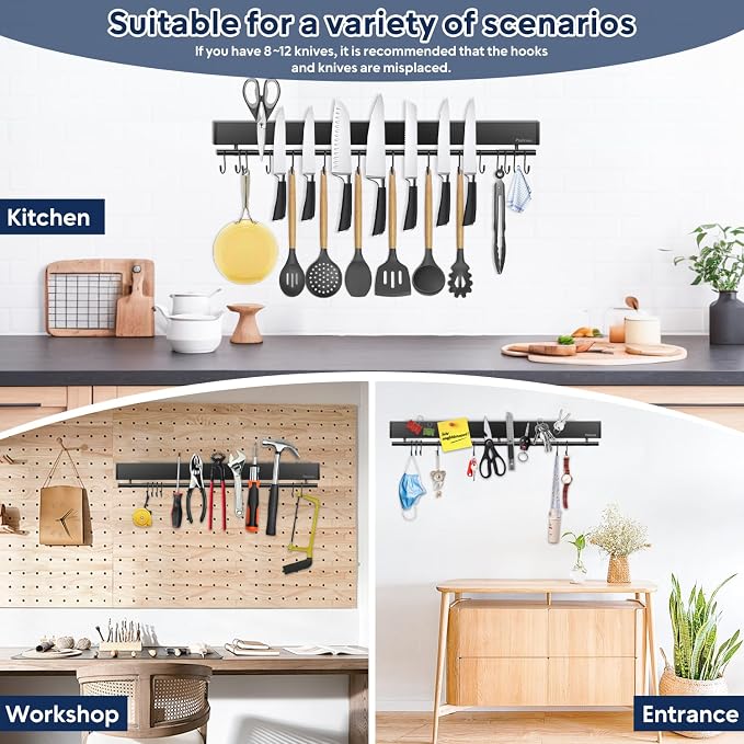 23 inch magnetic knife holder with 15 hooks, No Drilling black knife magnetic strip and utensil hanger for wall, Powerful knife magnet rack include tape and screws - Image 7