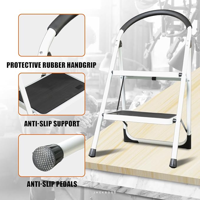 Jack Boss 2 Step Ladder, Folding Lightweight Step Stool with Wide Anti-Slip Pedal for Home, Office, Kitchen and Garage, Service Height 18.5 inch, 400 lbs Capacity - Image 6
