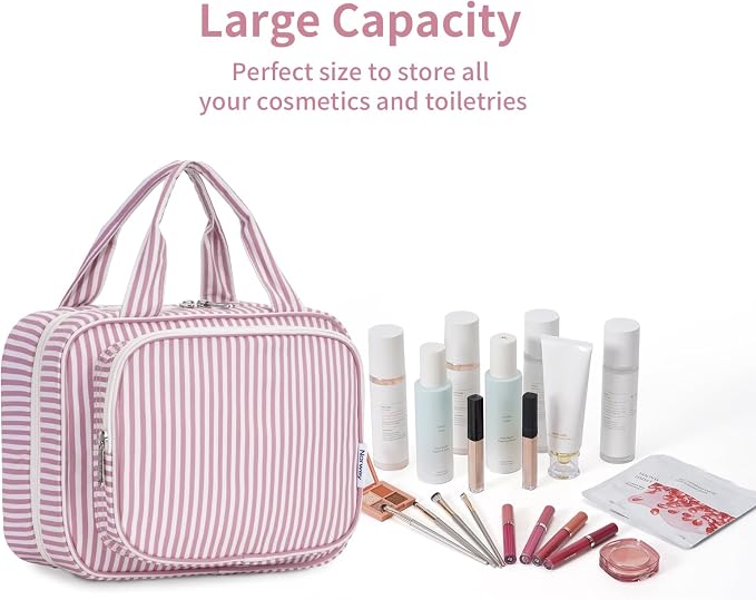 Narwey Striped Hanging Toiletry Bag for Women Travel Makeup Bag Organizer Toiletries Bag for Travel Size Essentials Accessories Cosmetics (Dusty Pink Stripe (Medium)) - Image 7