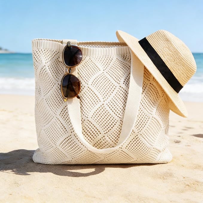 COOKOOKY Crochet Beach Tote bag Summer Beach Bag for Women Aesthetic Mesh Tote Bag Hippie Bag Knit Bag - Image 3
