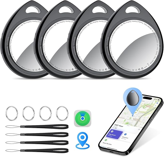 Air Tracker Tags-4 Pack Work with Apple Find My (iOS Only) 100dB Sound | 5.3 Smart Bluetooth Tracker, Smart Tag with Keychain/Lanyard, Item Finder for Luggage/Key/Suitcase, Replaceable Battery Black by QCOQ
