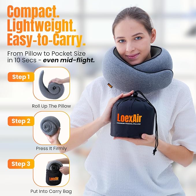 LOEXAIR™ Travel Pillow, Neck Pillow Travel for Airplane, Car - 100% Cotton Fabric & Memory Foam Plane Pillow, Lightweight & Easy-to-Carry on Flight, Full Travel Set (Eye Mask, Earplugs) - Light Grey - Image 2