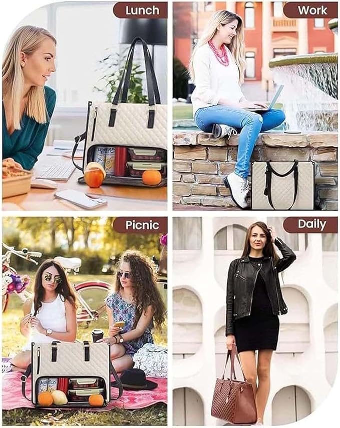 2 in 1 Tote Bag Lunch Bag Combo,Lunch Tote Bag for Women, Large Convertible Laptop Work Handbag for Women (Khaki) - Image 2