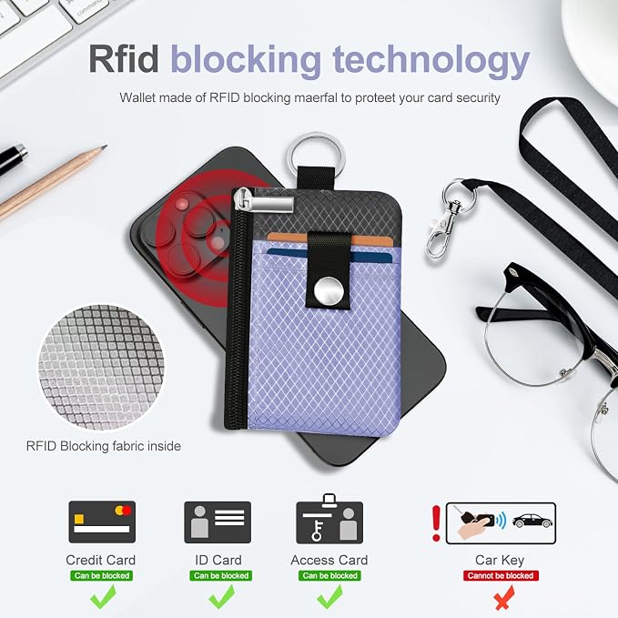 Minimalist RFID Blocking Small Wallet with ID Window,WaterResistant Zip Id Case Wallet with Lanyard Keychain for Cards,Cash,Travel,Women,Men (Lavender Purple/DarkGrey) - Image 4