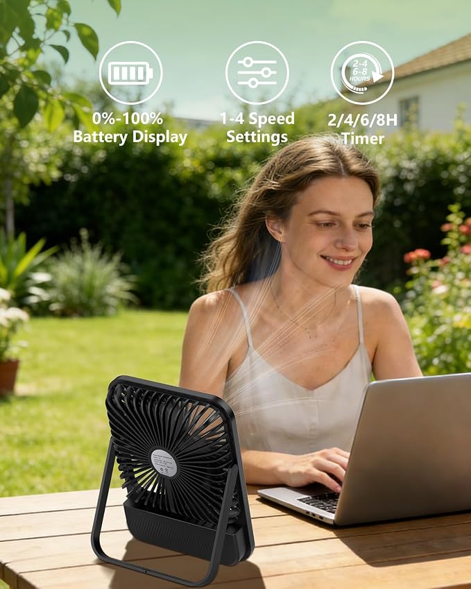 8000mAh Portable Travel Fan,7in 28hrs Ultra-Thin Desk Fan | USB Rechargeable Fan,1.65in Ultra-Thin,<42dB,with Timer,Light&Digital Display,Battery Powered Fan for Sleeping Hotel Cruise - Image 5