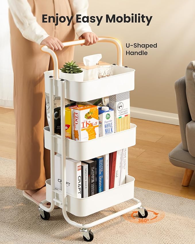 Pipishell 3 Tier Rolling Cart, Metal Utility Cart with Wheels and Handle, Rolling Storage Cart for Nursery Room, Living Room, Painting Room, Office and Kitchen, White - Image 3
