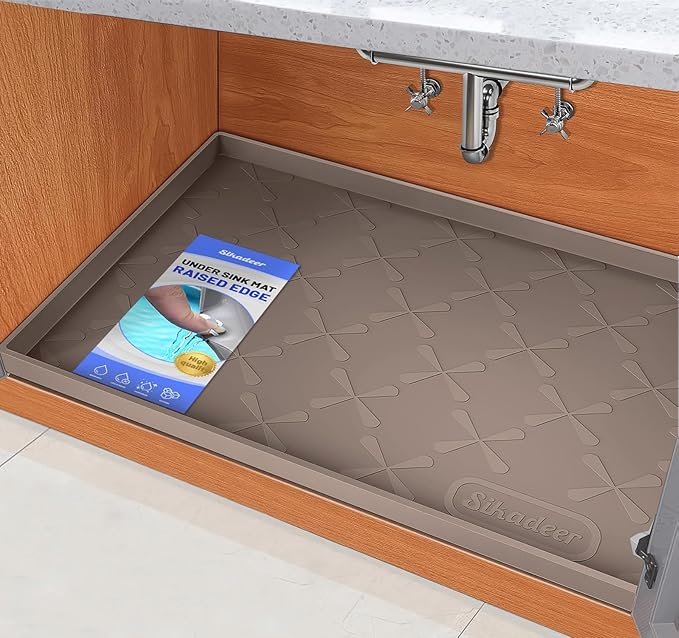 Waterproof Under Sink Mat 25" x 22" Silicone Mat Cabinet Protector | Heavy Duty Kitchen Cabinet Liner, Easy Press Drain, Home Essentials for Pet Feeding, Boots, Bathroom, Organizers & Storage by SIKADEER