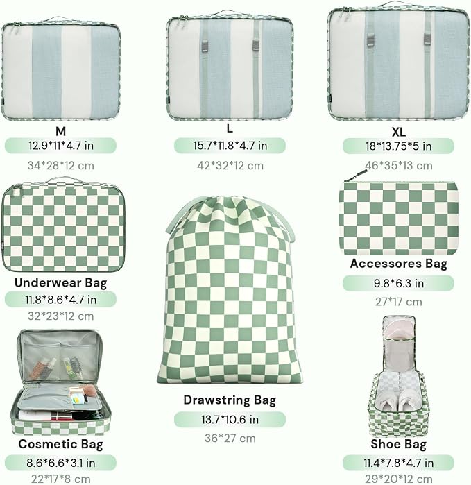BAGAIL 8 Set Packing Cubes Luggage Packing Organizers for Travel Accessories-Matcha checkered - Image 2