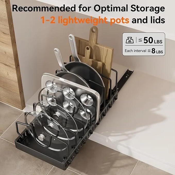AmoiChic 2 Pack Pull Out Cabinet Organizer for Pots and Pans, Black Storage Rack with 8 Adjustable Dividers, Kitchen Cabinet Organizer for Pot Lids, Bakeware, Dishes Storage - Image 4
