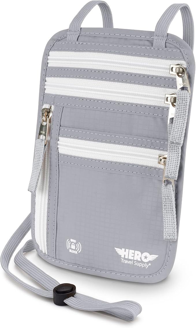 HERO Neck Wallet - RFID Blocking Passport Holder, Easy to Conceal Travel Pouch (Ash Grey) by HeroTravelSupply
