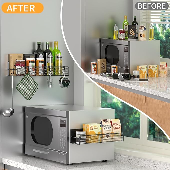Magnetic Spice Rack for Refrigerator, 2 Pack Metal Magnetic Shelf Black, Moveable Spice Organizer with Hooks, Super Magnetic Fridge Shelf for Kitchen Organization and Storage - Image 5