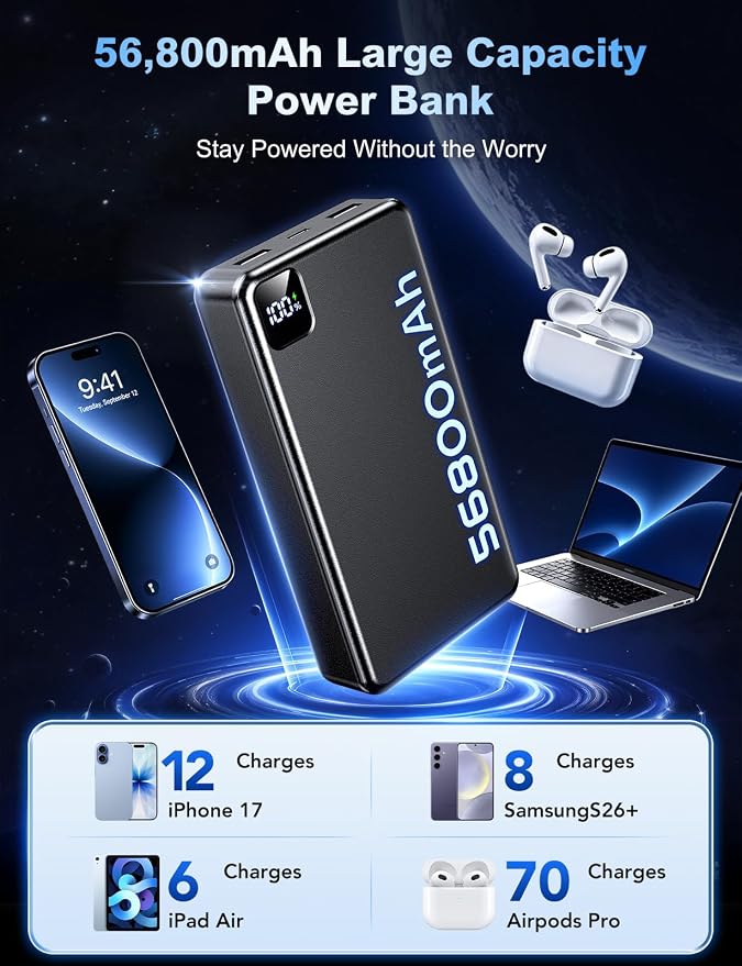 Portable Charger 56800mAh, 22.5W Fast Charging Power Bank with LED Display | Portable Phone Charger for Camping Travel Essential Compatible with iPhone 17/16/15/14/13 Series, Samsung, Google, iPad-Black - Image 2