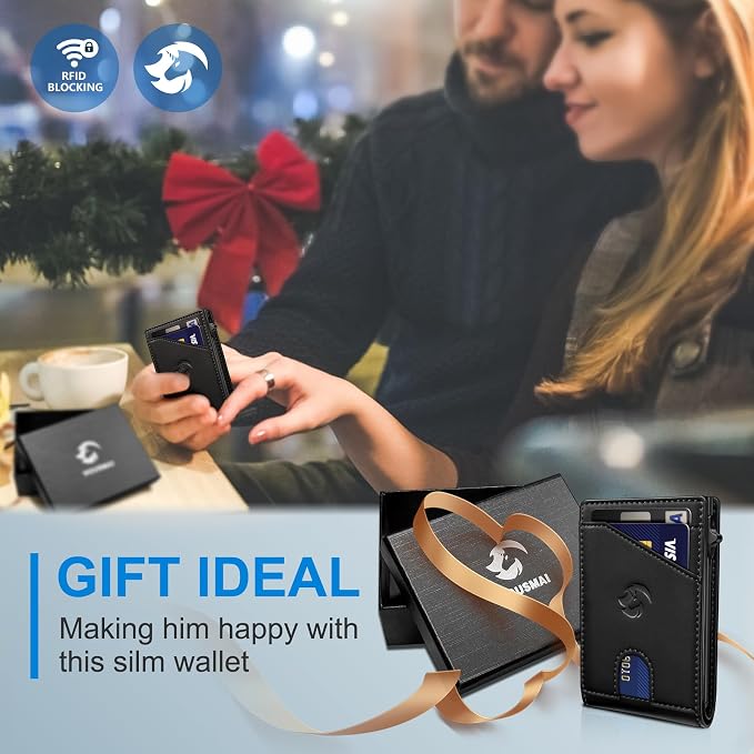 Wallet for Men, Slim Pop Up Card Holder with RFID Blocking, Minimalist Bifold Wallet with 9 Card Slots, ID Window and Cash Pocket, Metal Flip Case with Magnetic Closure, Gift Box - Image 9