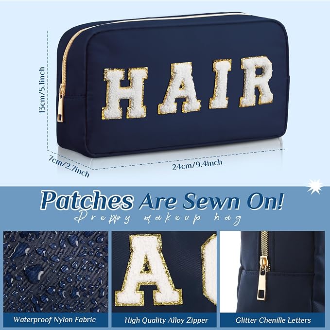 Preppy Makeup Bags Chenille Letter Stuff Bag Nylon Cosmetic Pouch Cases with Zipper for Women Travel Toiletry(Dark Blue,Classic,4 Pcs) - Image 2