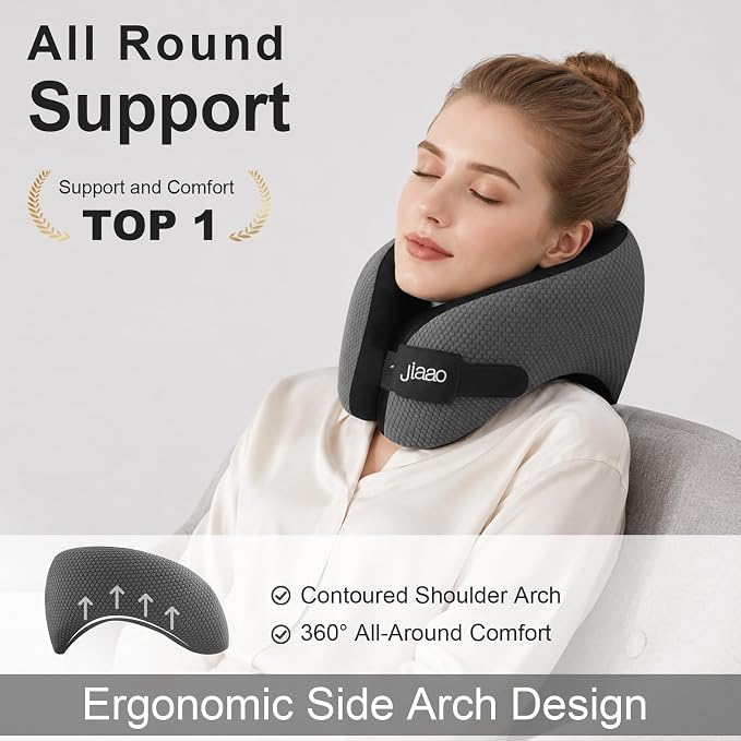 Ergonomic Travel Pillow,100% Memory Foam Travel Neck Pillow for Airplanes | 360° Neck & Chin Support Airplane Pillow For Long Flights,Airplane Travel Essentials With 3d Eye Mask, Earplugs,Carry Case - Image 2