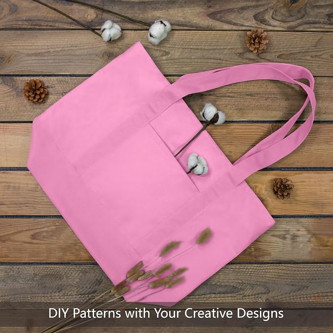 TOPDesign 1-Pack Canvas Tote Bag with an External Pocket, Reusable Grocery Shopping Bag, Top Zipper Closure, Daily Essentials (Pink) - Image 4