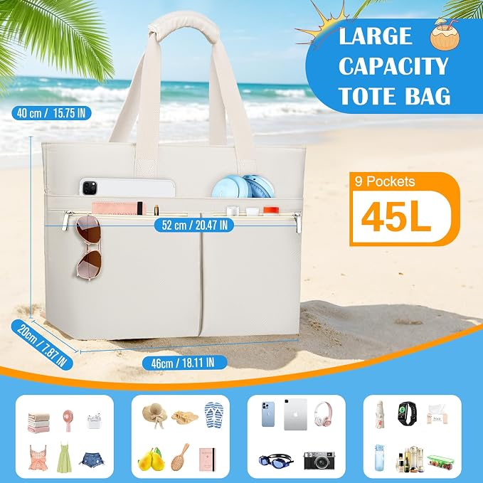 HUANLANG Large Beach Bags for Women Pool Bag with Zipper, Waterproof Sandproof Beach Tote Travel Bag with Wet Pocket - Image 7