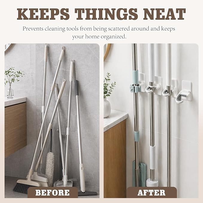 White 3-Pack Broom & Mop Wall Organizer – No-Drill Gripper Hanger for Household Cleaning Tools. - Image 3