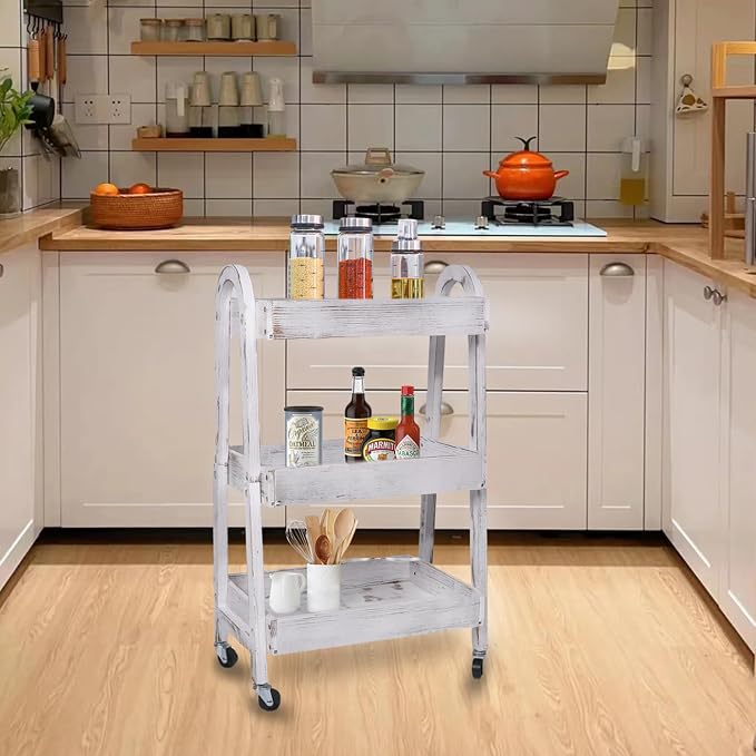 3-Tier Rolling Utility Cart with Lockable Wheels Storage Slim Storage Heavy Duty Cart Mobile Shelving Unit Craft Narrow Organizer for Bathroom Laundry Kitchen (Vintage White) - Image 7