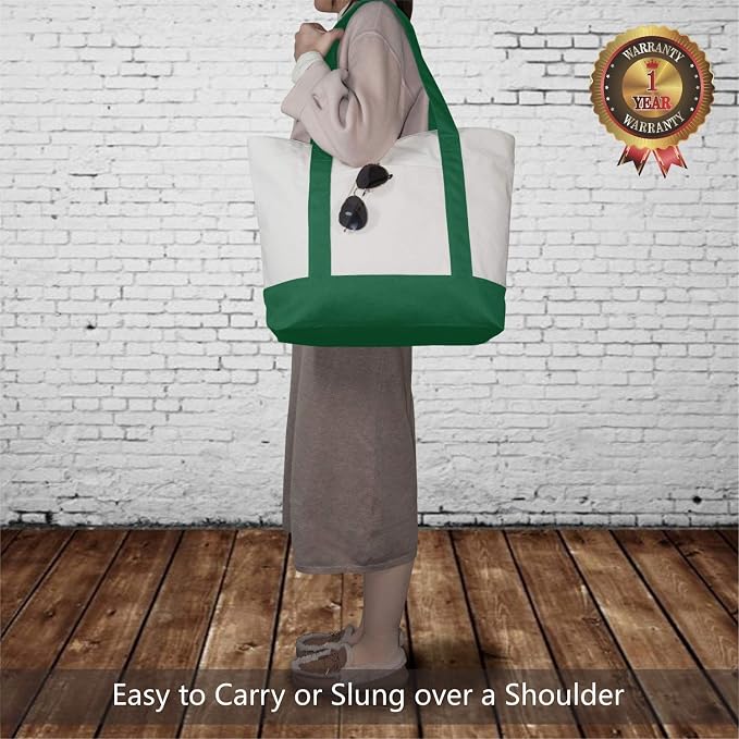 TOPDesign 6-Pack Canvas Tote Bags with an External Pocket, Reusable Grocery Shopping Bags, Top Zipper Closure, Daily Essentials (Green/Natural) - Image 2